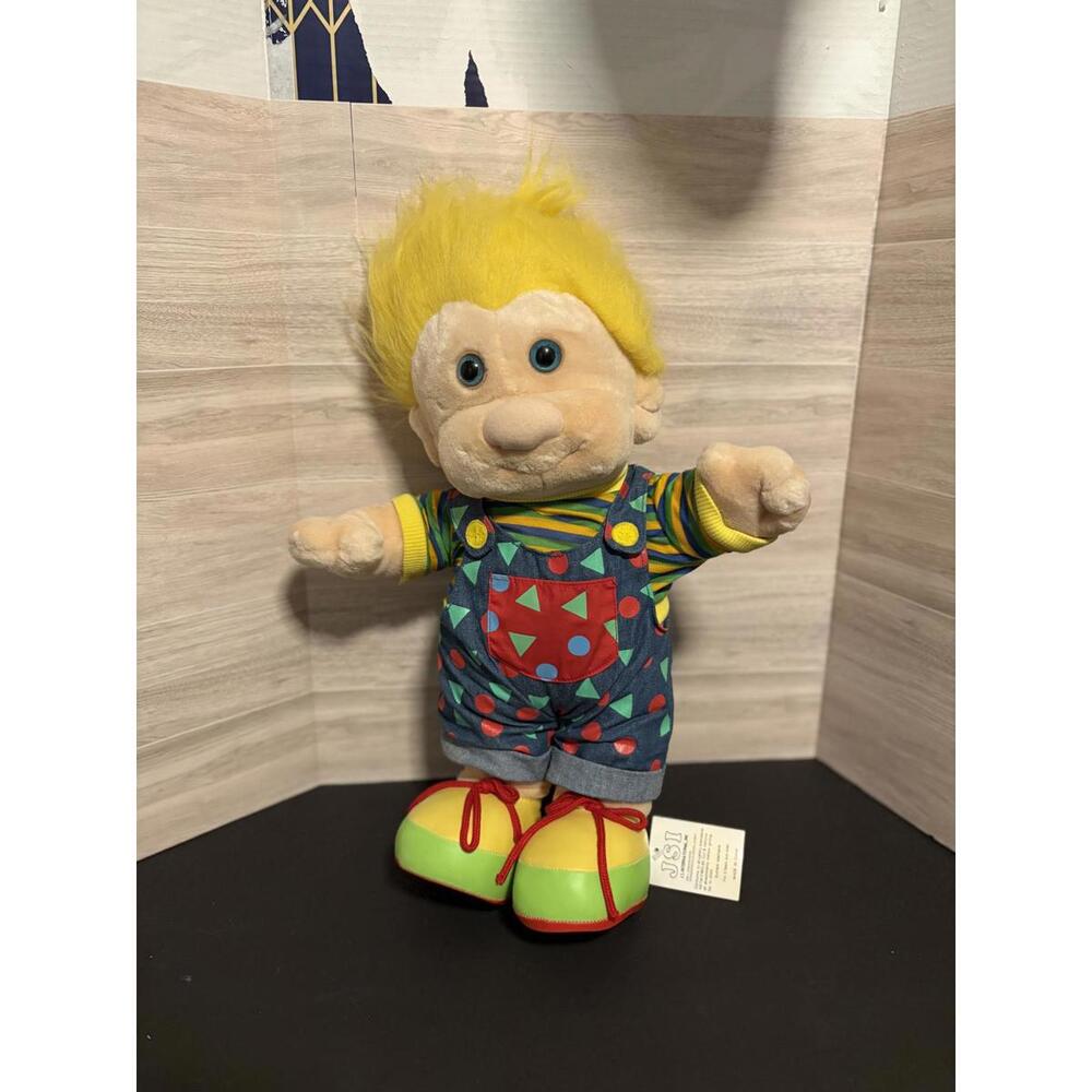 Vintage Jumbo Troll Plush Rare Boy With Overalls Blue Eyes Yellow Hair JSI Brand